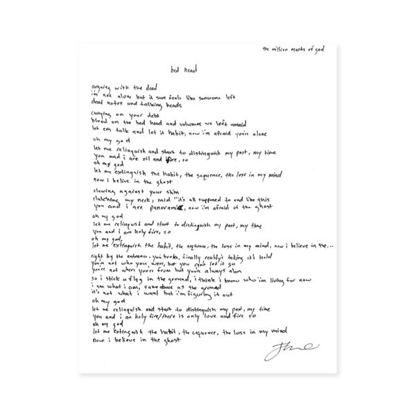 Handwritten “Bed Head” Lyric Sheet Print Manchester Orchestra