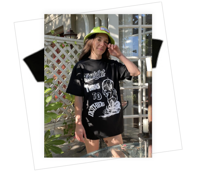 Product shots of Olivia Kaplan - Tonight Turns to Nothing Tee