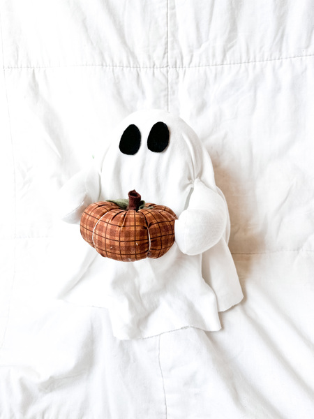 Ghost Holding Brown Plaid Pumpkin