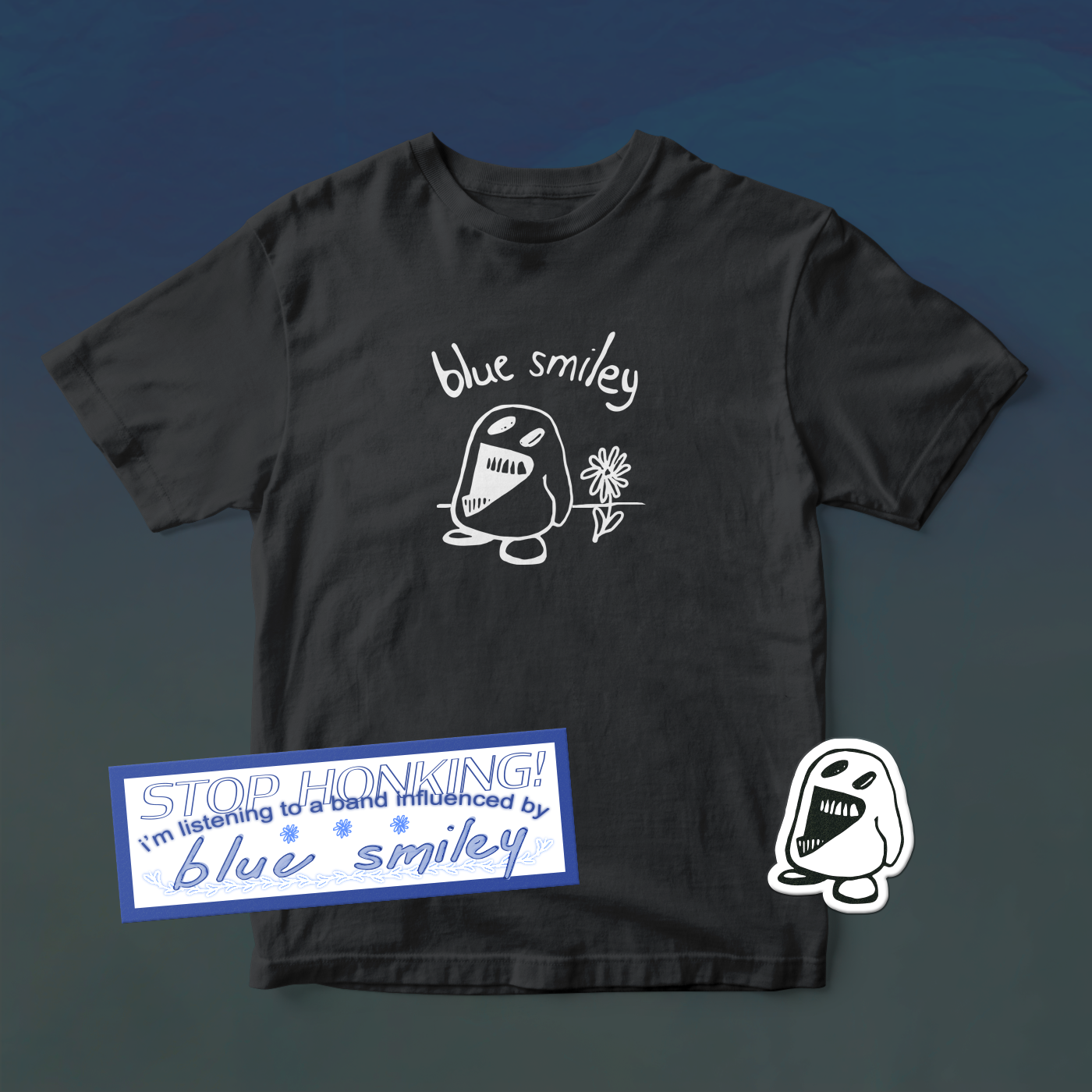 Product shots of blue smiley - blue smiley merch bundles