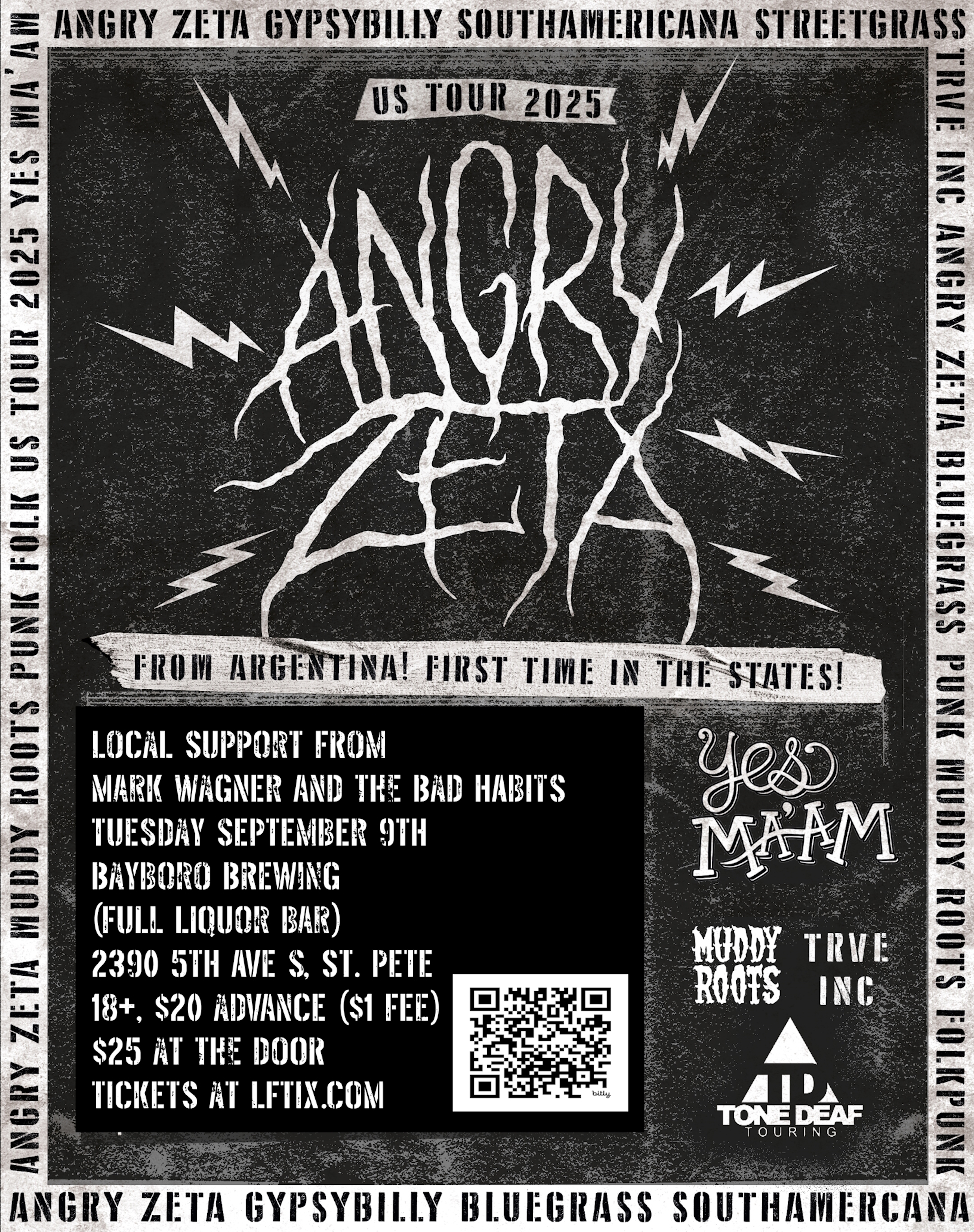 Angry Zeta (Buenos Aires Southamericana gypsy folk punk), Yes Ma'am (New Orleans busking legends), Mark Wagner and the Bad Habits at Bayboro