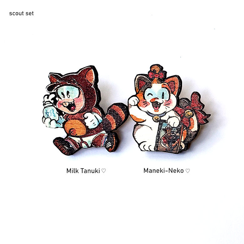 Pins (wood): Tanuki and Neko