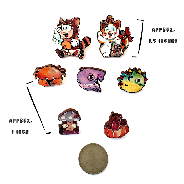 Pins (wood): Tanuki and Neko