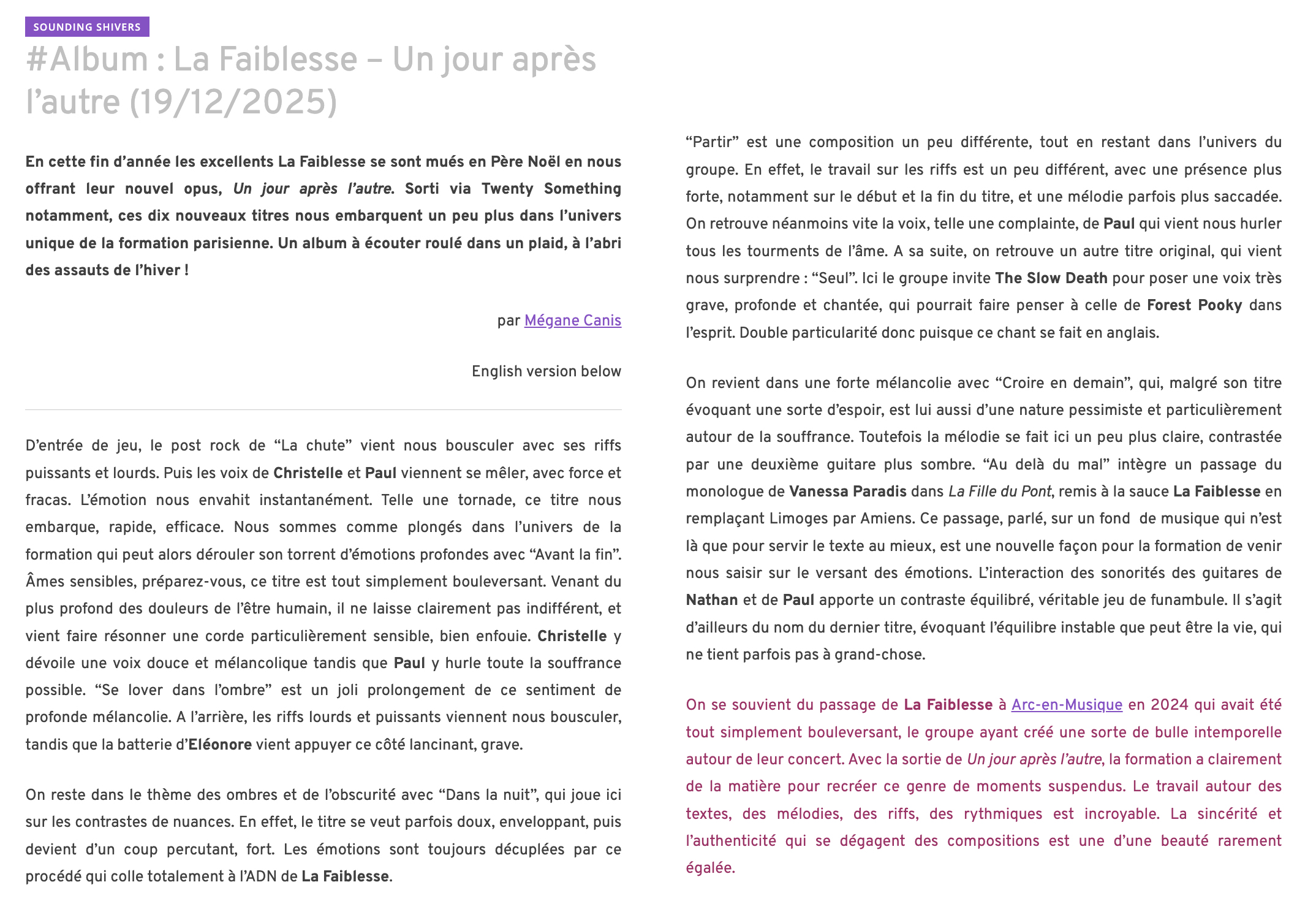 La Faiblesse - Un jour après l'autre