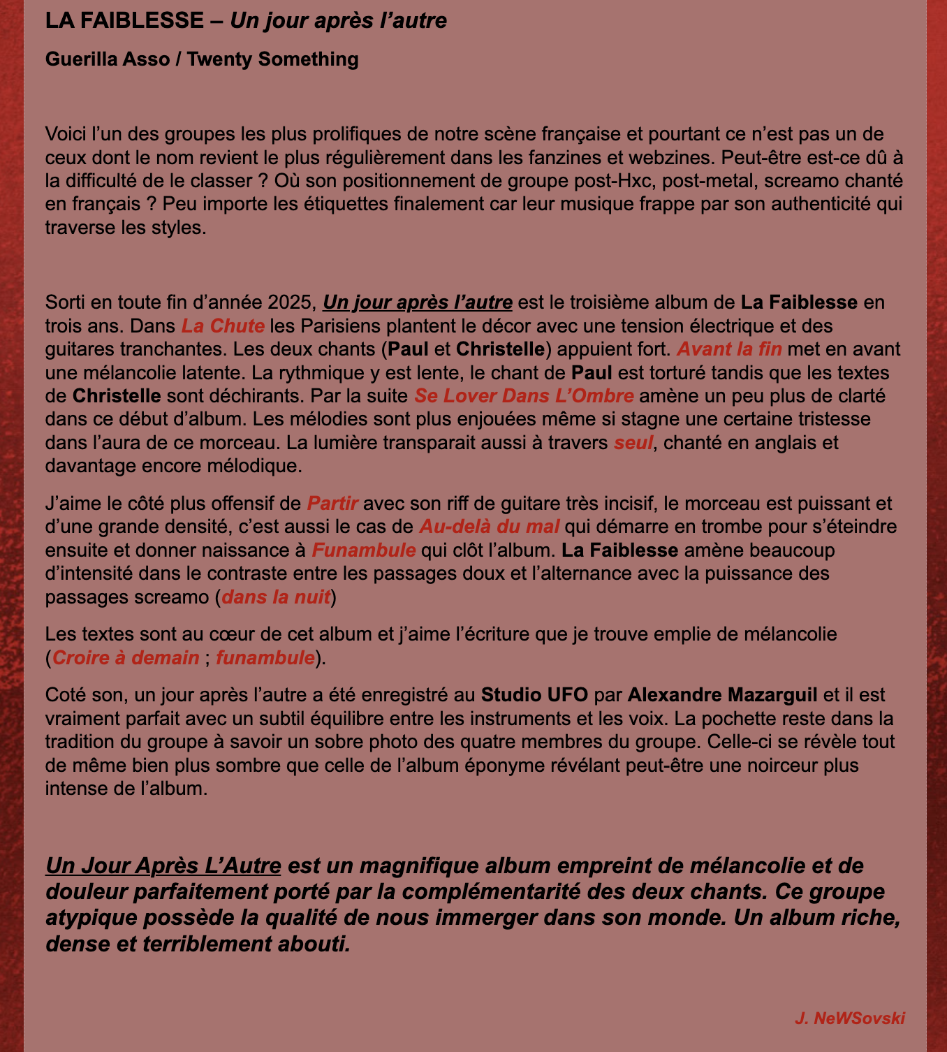 La Faiblesse - Un jour après l'autre