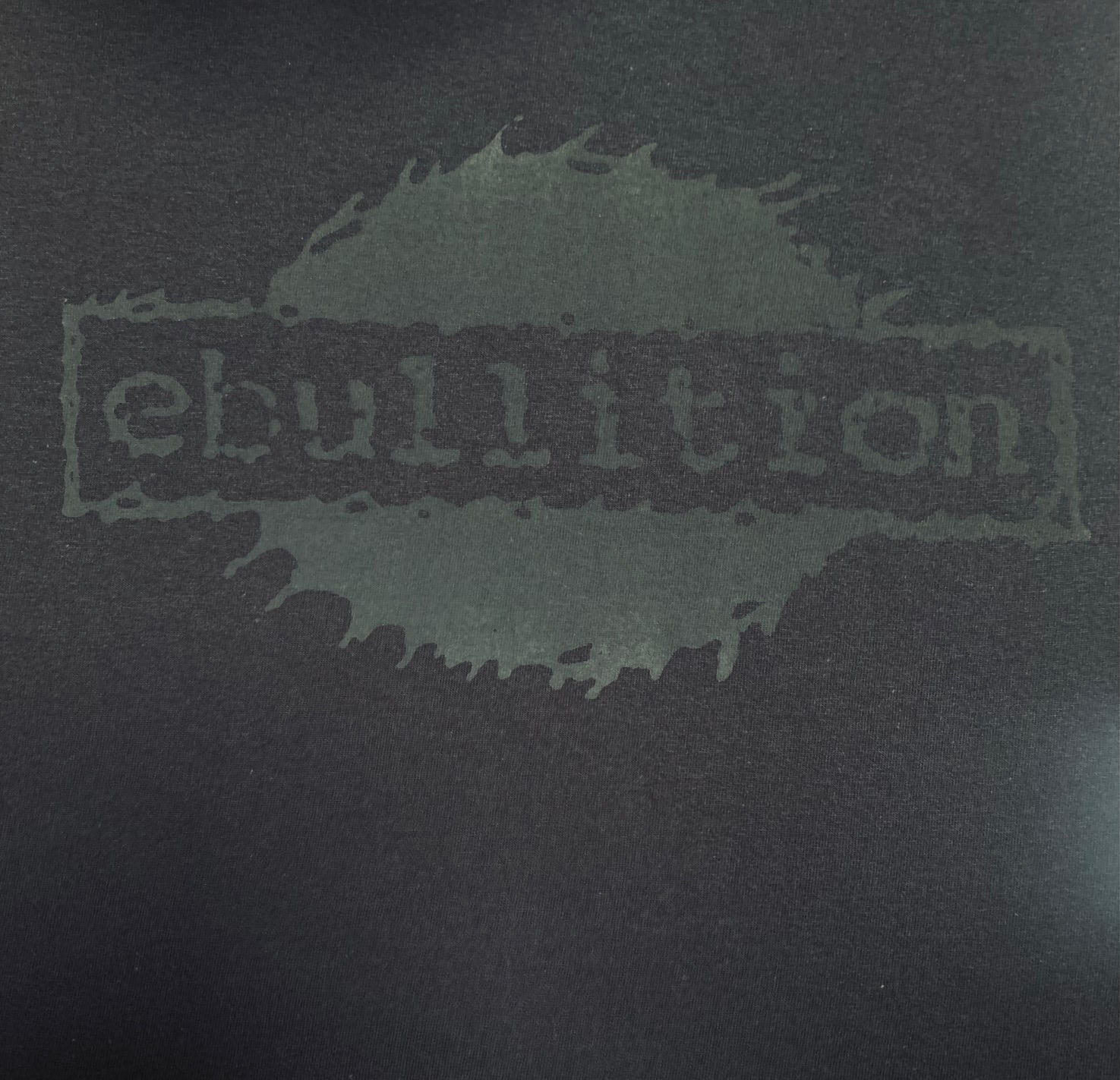 Black Ebullition shirt printed with dark grey ink
