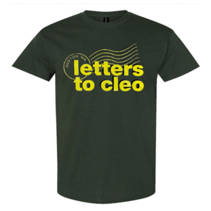 Classic Cleo Postage Shirt: Yellow print on Forest Green Tee